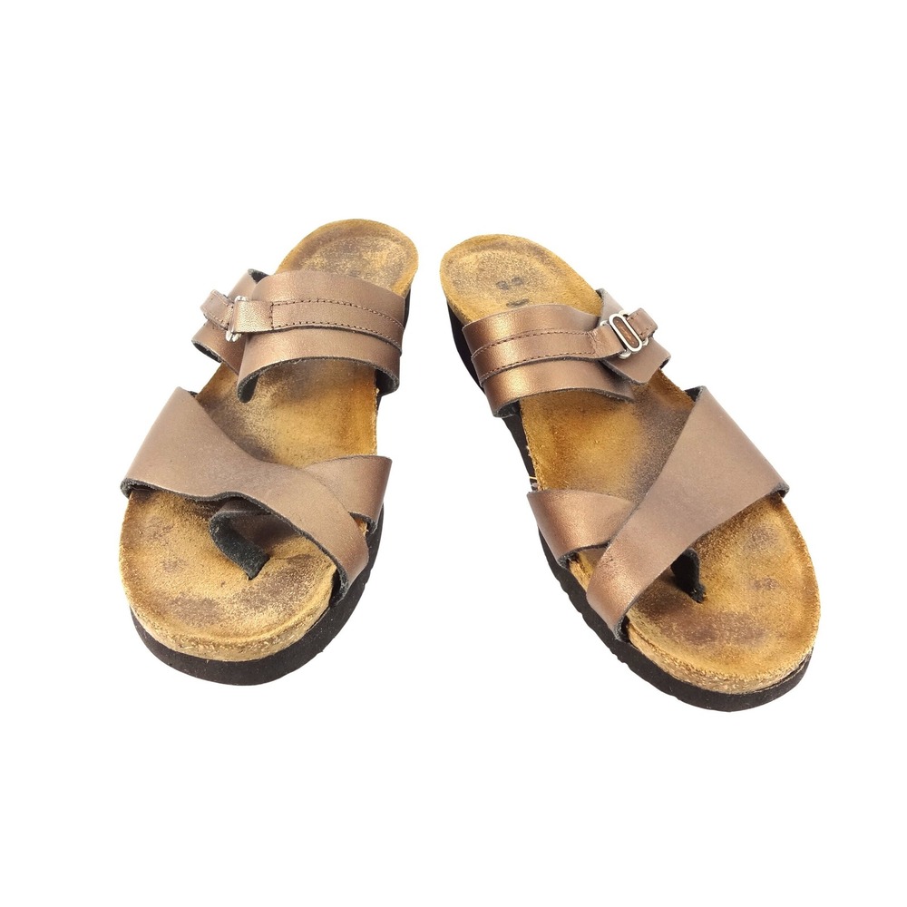 Noat Womens 9.5 Metallic Bronze Leather Toe Loop Cork Wedge Sandals Slides